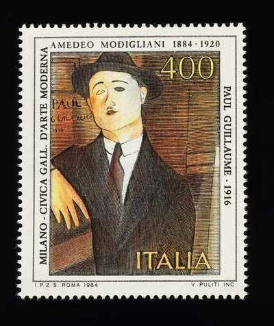 Postimerkki italialaisesta taidesarjasta Amedeo Modiglianin (1884-1920) kunniaksi, kuvaa Paul Guillaumen muotokuvaa (1916), 400 liiran postimerkki tekijältä Amadeo (after) Modigliani