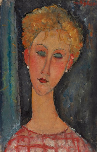 Blondi nainen kiharat hiukset; Blondi korvakoruineen, n. 1918-1919 tekijältä Amedeo Modigliani