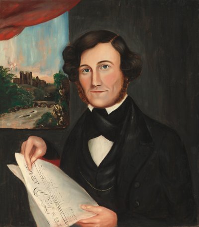 Mies nimeltä Hubbard lukee "Bostonin atlasta" tekijältä American 19th Century
