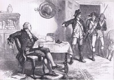 William Franklinin pidätys, kuvitus Cassells History of the United Statessta, julkaisija Cassell, Petter & Galpin, n. 1900 (litho) tekijältä American English school