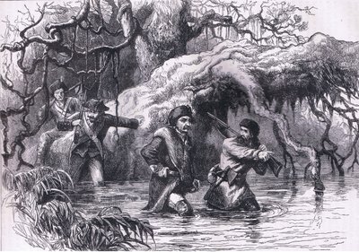 Clarke ja hänen sotilainsa ylittämässä Wabashin, kuvitus Cassells History of the United Statessta, julkaisija Cassell, Petter & Galpin, n. 1900 (litho) tekijältä American English school