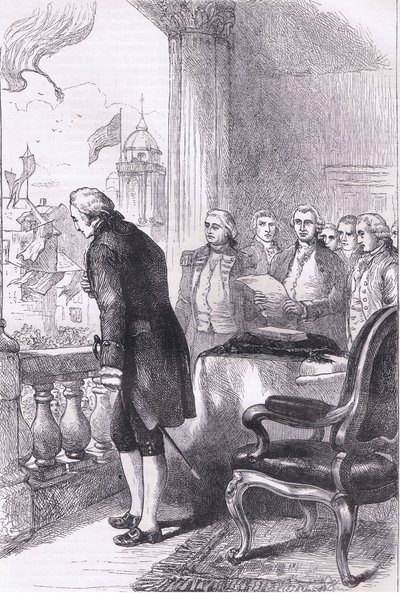 Washingtonin installaatio, kuvitus Cassells History of the United Statessta, julkaisija Cassell, Petter & Galpin, n. 1900 (litho) tekijältä American English school