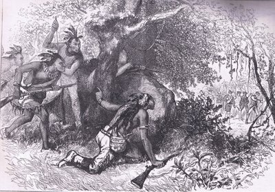 Cherokien petos 1760, kuvitus Cassells History of the United Statessta, julkaisija Cassell, Petter & Galpin, n. 1900 (litho) tekijältä American English school