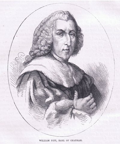 William Pitt, Earl of Chatham, kuvitus Cassells History of the United Statessta, julkaisija Cassell, Petter & Galpin, n. 1900 (litho) tekijältä American English school