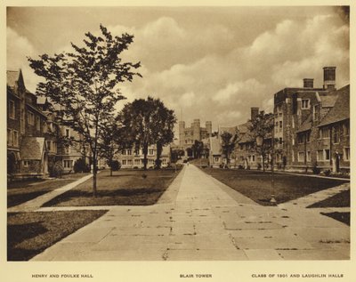 Princetonin yliopisto: Henry ja Foulke Hall; Blairin torni; Luokka 1901 ja Laughlin Halls (m/v kuva) tekijältä American Photographer (after)