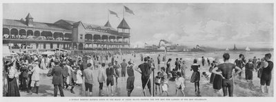 Sunnuntaiaamun uimaranta Coney Islandin rannalla, jossa näkyy Iron Steamboatsin uuden rautalaiturin laituri (m/v kuva) tekijältä American Photographer