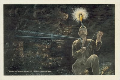 Amerikkalainen hiilikaivostoiminta: Kaivosmies poraa hiiltä räjäytystä varten (värikuva). tekijältä American Photographer