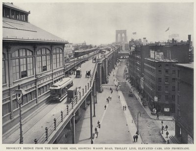 Brooklyn Bridge New Yorkin puolelta, jossa näkyy Wagon Road, Trolley Line, Elevated Cars ja Promenade (m/w kuva) tekijältä American Photographer
