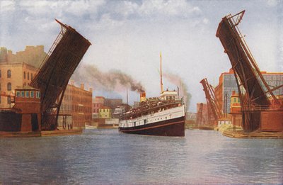 Chicago: State Street Bascule Bridge nostetaan retkihöyrylaivaa varten (värikuva). tekijältä American Photographer