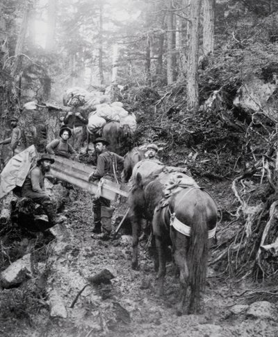 Dyea-reitin kiipeäminen matkalla Chilkoot Passiin Klondiken kultakuumeen aikana (1897-1898) (m/v kuva) tekijältä American Photographer