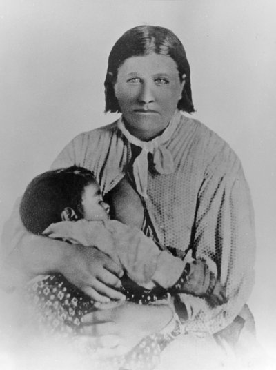 Cynthia Ann Parker tyttärensä Prari Flowerin kanssa, n. 1861 (m/v kuva) tekijältä American Photographer