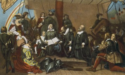 Pyhiinvaeltajien laivaan nousu Delftin satamasta 22. heinäkuuta 1620 (painokuva). tekijältä American Photographer