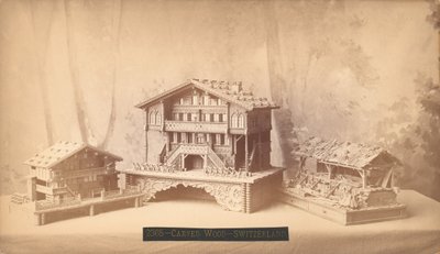 Sveitsiläiset mökit, veistetyt mallit, Philadelphia Centennial International Exhibition, 1876 (hopea-albumiprintti) tekijältä American Photographer