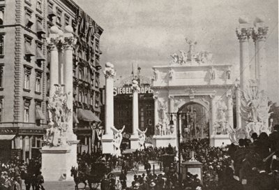 Dewey Arch Fifth Avenue -hotellin edessä osoitteessa 23rd St., New York City, juhlii voittoa Espanjasta 1899 tekijältä American Photographer