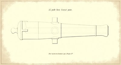 32 punnan merenrantapistoolin piippu, otettu virallisesta Yhdysvaltain armeijan raskaan tykistön ohjekirjasta, 1850-51 tekijältä American School