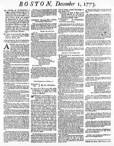 Broadside-sanomalehti, joka kertoo Bostonin teekutsujen tapahtumista joulukuussa 1773 (tulostus) tekijältä American School