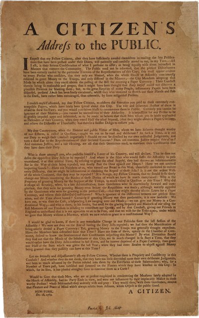 Kansalaisten puhe yleisölle: kuninkaallisten joukkojen tuki, 18. joulukuuta 1769 tekijältä American School