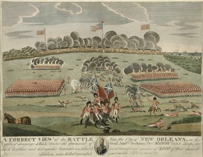 Oikea näkymä taistelusta lähellä New Orleansin kaupunkia, pubi. n.1815 (käsinvärinen kaiverrus) tekijältä American School