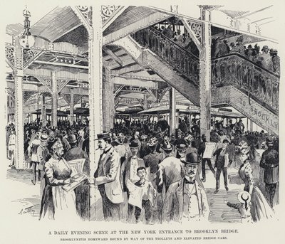 Päivittäinen iltakohtaus New Yorkin sisäänkäynnillä Brooklyn Bridgelle (litho) tekijältä American School