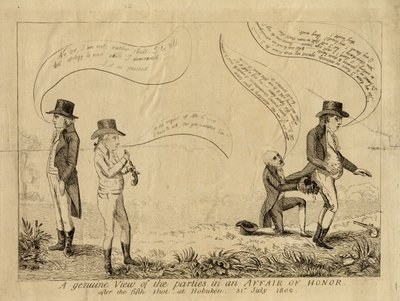Aito näkemys kunniasuhteen osapuolista viidennen laukauksen jälkeen Hobokenissa 31. heinäkuuta 1802 tekijältä American School