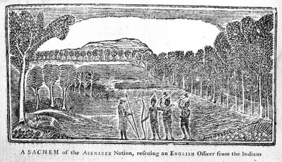 Abenakee Nationin Sachem pelastamassa englantilaista upseeria, kuva Bickerstaffs Boston Almanackista, julkaistu 1768 tekijältä American School