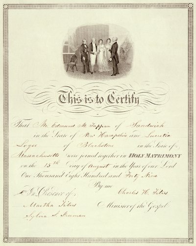 Vihkitodistus vuodelta 1849 tekijältä American School