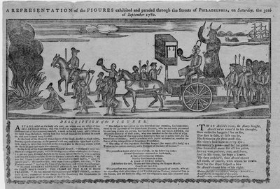 Esitys hahmoista, jotka oli esillä ja kuljetettiin Philadelphian kaduilla lauantaina, 30. syyskuuta 1780 tekijältä American School