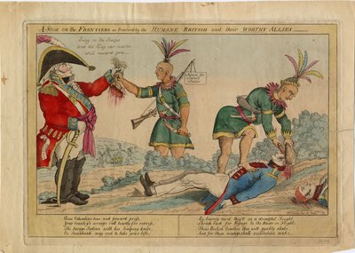 Kohtaus rajoilla inhimillisten brittien ja heidän arvoisten liittolaistensa harjoittamana, n. 1813 (käsinvärinen etsaus) tekijältä American School