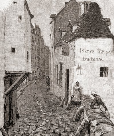 Katu vanhassa Pariisissa 1800-luvulla, The Century Illustrated Monthly Magazine -lehdestä, julkaistu 1884 (puukaiverrus) tekijältä American School