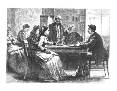Nainen neuvottelee tehtaanjohtajan kanssa Susan B. Anthonyn uuden Working Womens Protective Associationin neuvonantajan avustamana, 1860-70-luvut tekijältä American School
