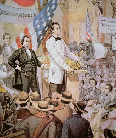 Abraham Lincoln (1809-65) julkisessa keskustelussa Stephen A. Douglasin (1813-61) kanssa Illinoisissa tekijältä American School