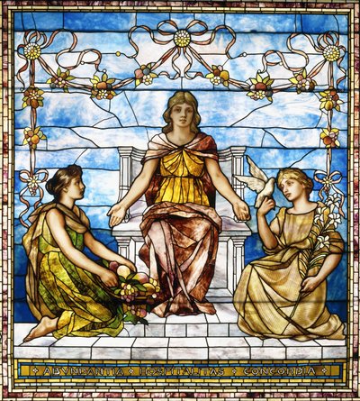 "Abundance, Hospitality, Concordia", n. 1890 (lyijylasi-ikkuna) tekijältä American School