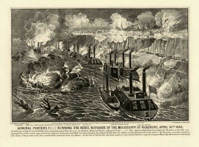 Admiral Porterin laivasto ajamassa Mississippin kapinallissaartoa Vicksburgissa, 16. huhtikuuta 1863, pub. 1863 (kaiverrus) tekijältä American School