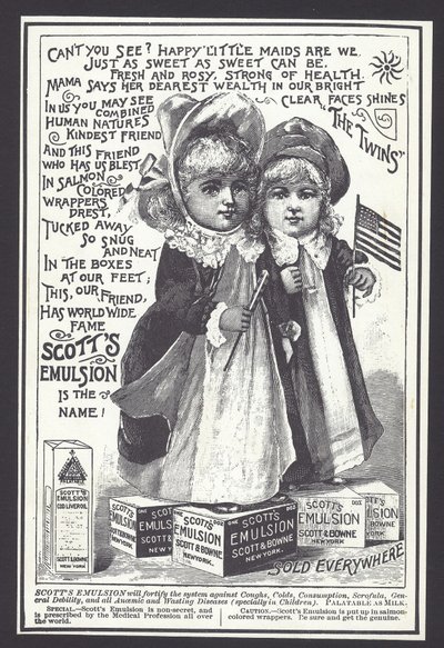 Yskän, vilustumisen ja muiden sairauksien hoitoon tarkoitetun Scottin emulsion mainos, 1800-luvun loppu (litho) tekijältä American School