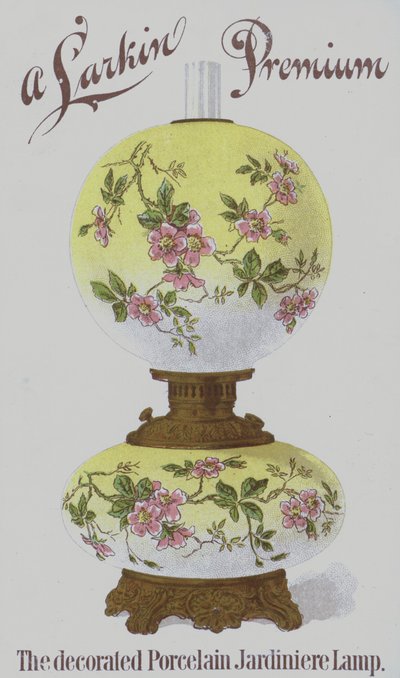Mainos Larkin Premium -koristeellisista posliinisista jardiniere-valaisimista (chromolitho) tekijältä American School
