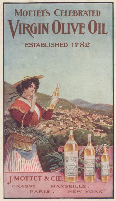 Mainos Mottets Celebred Virgin Olive Oilille, n. 1900 tekijältä American School