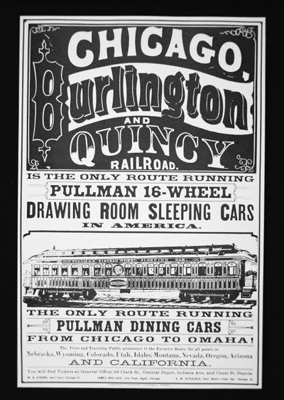 Mainos Pullman Cars of Chicagosta, n. 1875 (litho) tekijältä American School