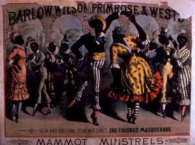 Mainos kappaleelle "The Colored Masquerade", Mammot Minstrelsin laulu ja tanssi, esittäjät Barlow, Wilson, Primrose ja West (värilitho) tekijältä American School
