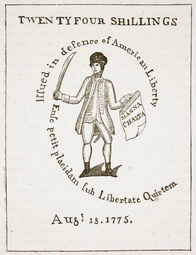 American Bill of Credit, 1775, kuvitus Cassells Illustrated History of Englandista (seepiakuva) tekijältä American School
