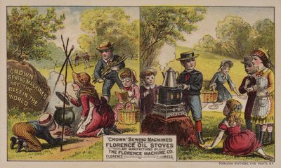 Florence Machine Companyn valmistama amerikkalainen kauppakortti, joka mainostaa ompelukoneita ja öljyliesiä, Massachusetts, 1880-luku tekijältä American School