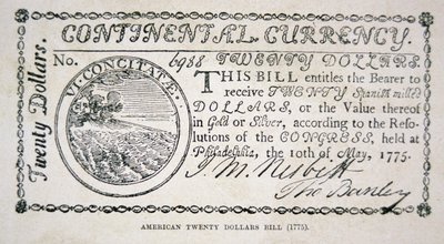 Amerikkalainen kahdenkymmenen dollarin seteli vuodelta 1775 (litho) tekijältä American School