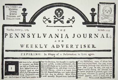 Amerikkalainen vastaus brittiläiseen postimerkkilakiin, pub. Pennsylvania Journal and Weekly Advertiser -julkaisussa 31. lokakuuta 1765 (sanomalehtipaperi) tekijältä American School
