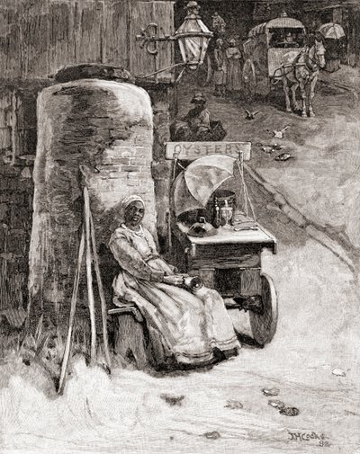Osterinmyyjä kärryineen lähellä Washingtonin laivastotelakkaa, Washington D.C., 1800-luvulla, vuodelta 1884, The Century Illustrated Monthly Magazine (kaiverrus). tekijältä American School
