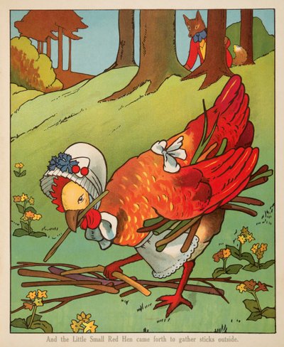 "Ja Pieni punainen kana tuli ulos keräämään tikkuja ulos", Peter Rabbit Little Red Hen and Owl and Pussy Cat -pubista. Charles E Graham & Co. c. 1900 (kromolitografia) tekijältä American School