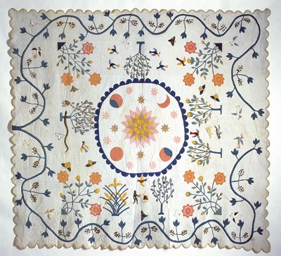 Applikoitu peitto aurinko, kuu, tähdet ja Eedenin puutarha, Arkansas, n. 1850-80 (puuvilla) tekijältä American School