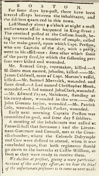 Artikkeli Boston Chroniclesta, jossa kerrotaan Bostonin joukkomurhan tapahtumista 5. maaliskuuta 1770 (sanomalehtipaperi) tekijältä American School