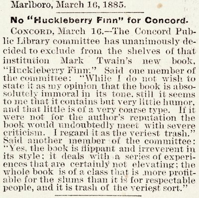 Artikkeli Boston Daily Globessa, joka koskee Huckleberry Finnin kieltämistä Concordissa, Massachusettsissa, 16. maaliskuuta 1885 alkaen (sanomalehtipaperi) tekijältä American School