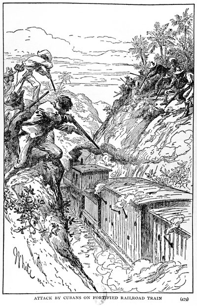 Kuubalaisten hyökkäys linnoitettuun rautatiejunaan, kuvitus Murat Halsteadin The Story of Cubasta, julkaistu 1898 tekijältä American School
