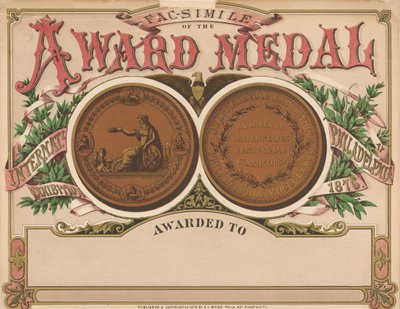 "Award Medal", 100-vuotisnäyttelyn leikekirja, 1876 tekijältä American School