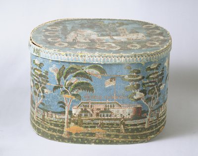 Painetulla paperilla peitetty bandbox, jossa näkyy linnanäkymä, n. 1835 (pahvi ja paperi) tekijältä American School